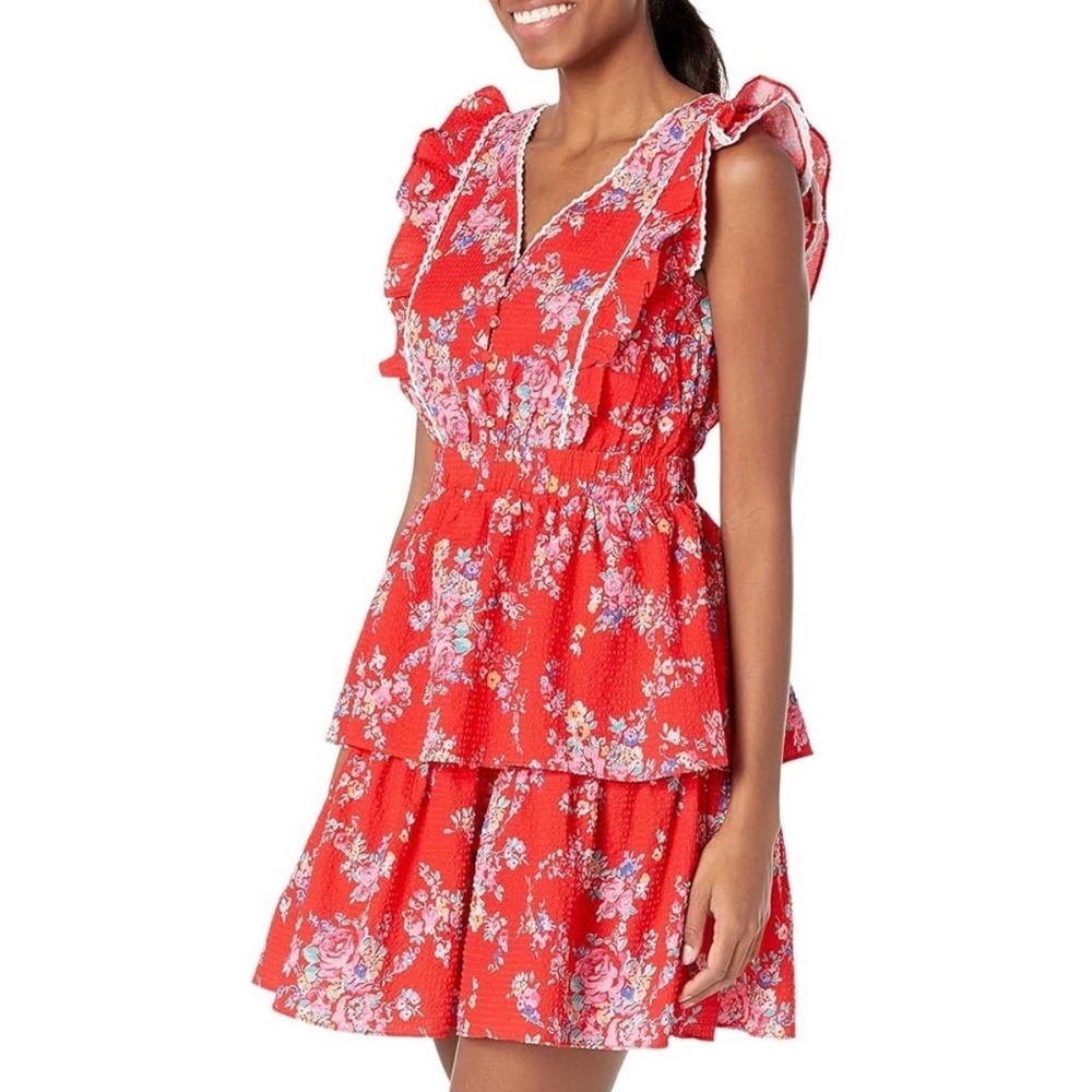 Betsey Johnson Mini Dress Bush Gardens Seersucker Sleeveless Floral Red XS